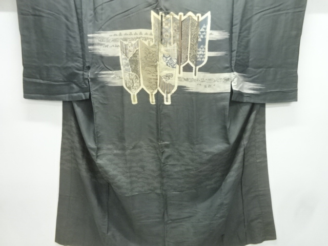 JAPANESE KIMONO / ANTIQUE MENS JUBAN / SILK / ARROW FEATHER & SCENERY OF CASTLE